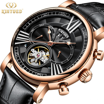 Kinyued J023 Fashion Leather Automatic Man Watches Tourbillon Calendar Chronograph Mechanical Watch